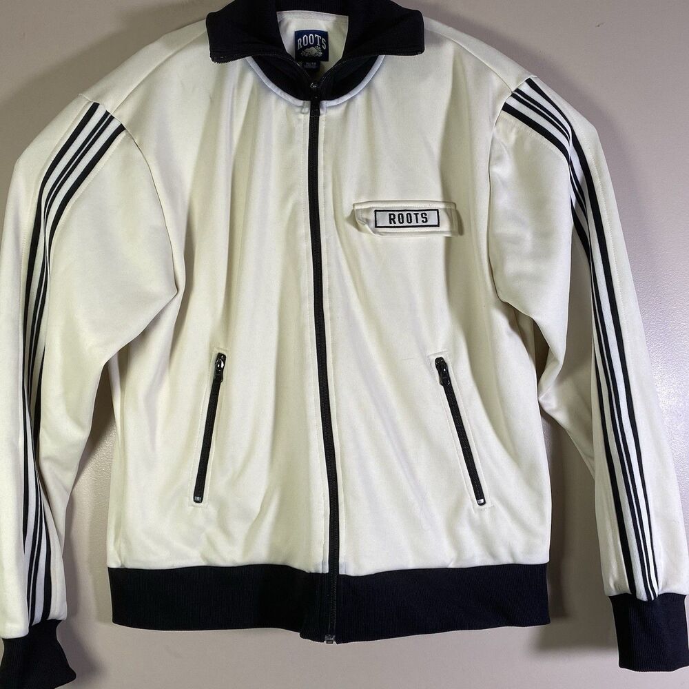 Vtg Roots Track Jacket Men’s XL Cream Ivory Black Zip Up Streetwear Flaw